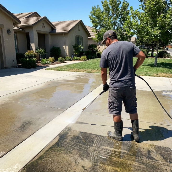 Worker pressure-washing a concrete driveway beside a suburban house on a sunny day