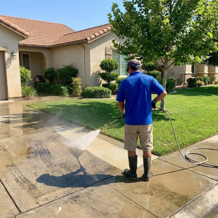 Person pressure washing a driveway in front of a suburban house.