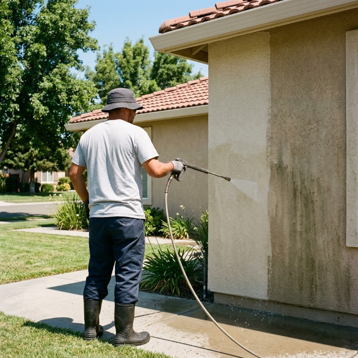 Person pressure-washing a stucco house exterior on a sunny day