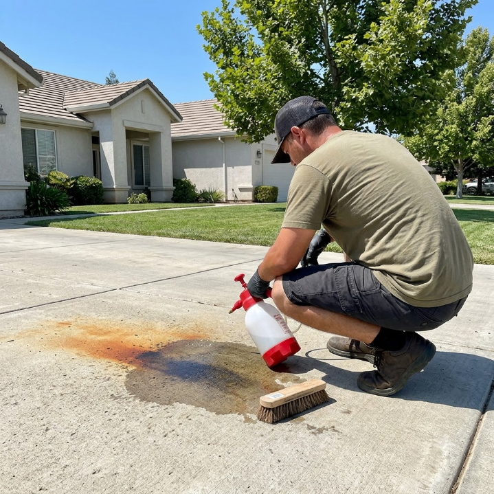 Person cleaning a concrete stain with a spray bottle on a driveway outside a suburban home
