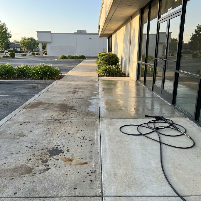Wet concrete sidewalk beside storefront windows with a coiled hose on the ground.