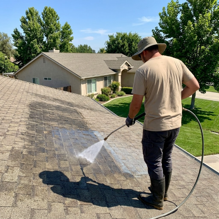 Worker pressure-washing a roof on a sunny suburban house