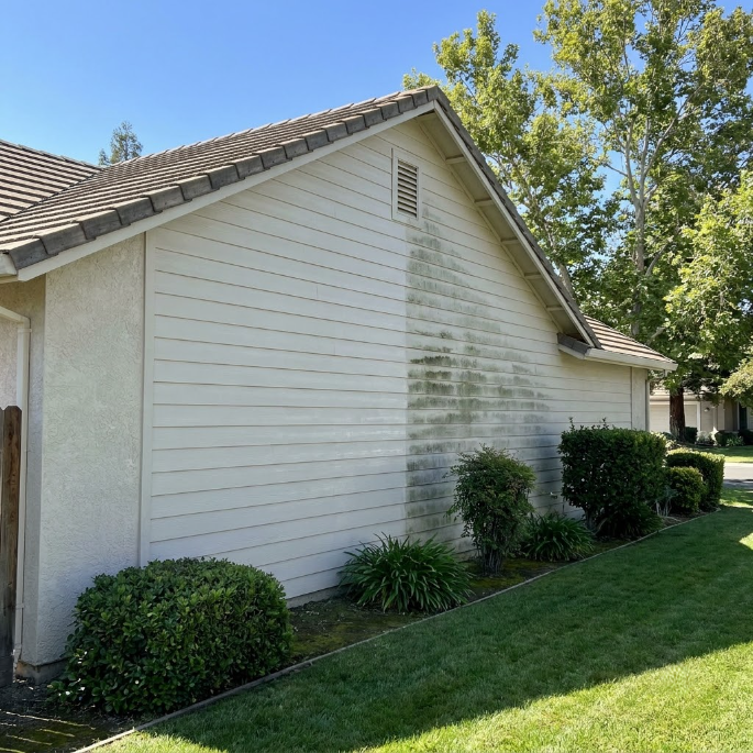 Side view of a white house with a shingled roof, shrubs, and a green lawn in bright sunlight