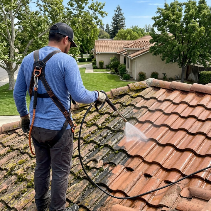 Worker pressure-washing a tiled roof with a hose in a suburban neighborhood