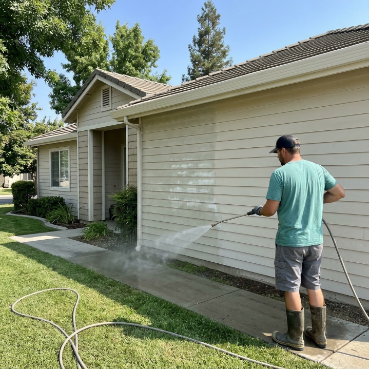 Person pressure-washing the siding of a beige house on a sunny day