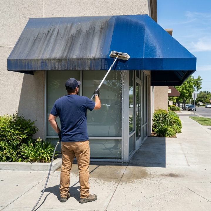 Worker pressure-washing a blue storefront awning on a sunny sidewalk