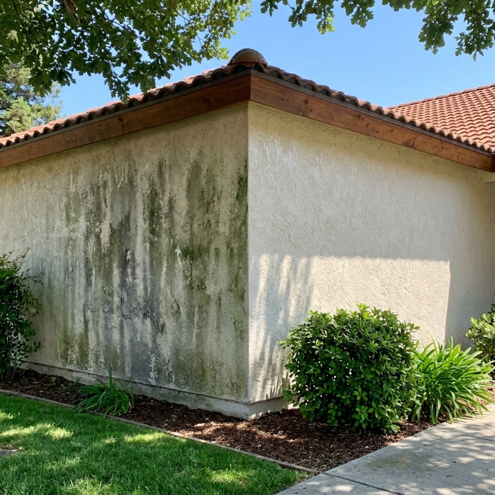 Mold-stained stucco house exterior with red tile roof, corner view, and shrubs along the foundation