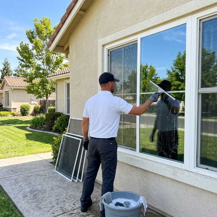 Window cleaner washing a large house window with a squeegee beside a bucket and spare screens