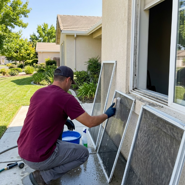 Technician cleaning window screens beside a house on a sunny day