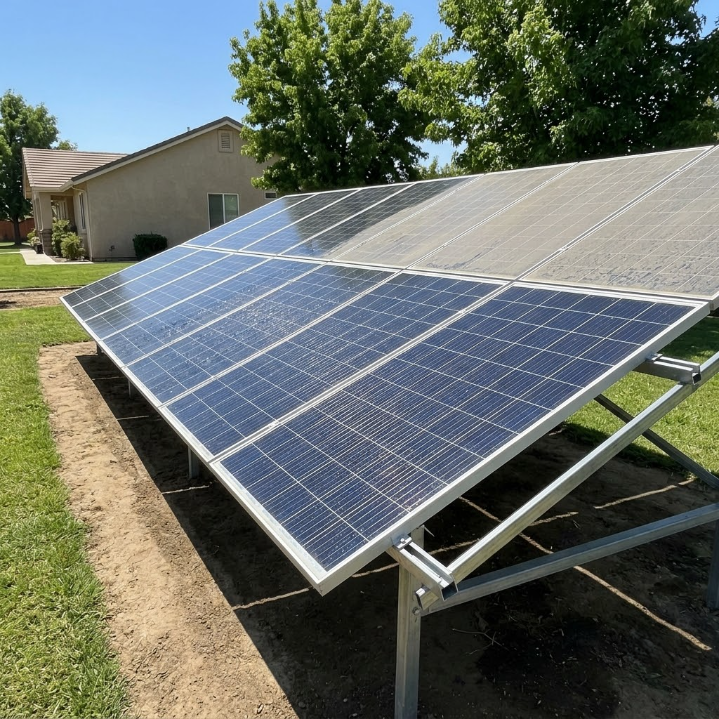 Solar panels mounted on a metal frame in a sunny suburban yard near a house