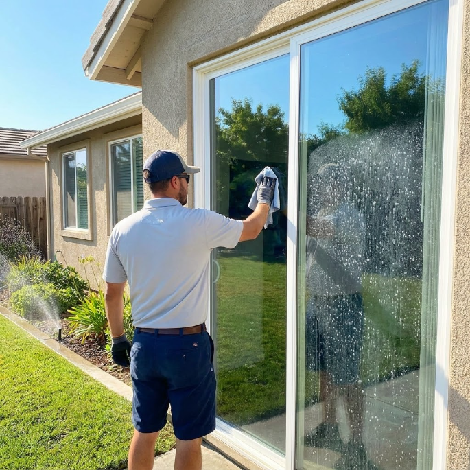 Person spraying cleaner on a large glass sliding door beside a house in bright sunlight