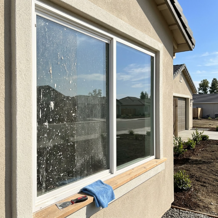 A beige house window with a blue cloth and tool on the sill during exterior cleaning.