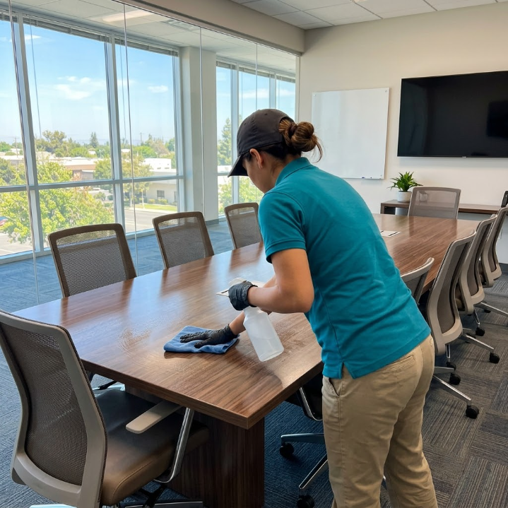 Person wiping a conference table in a bright meeting room with large windows