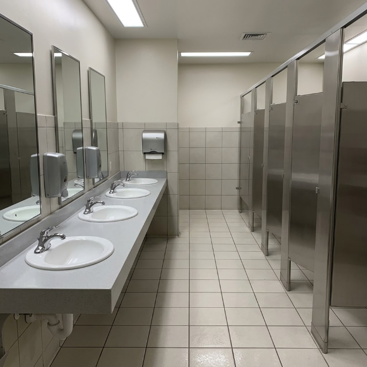 Public restroom with sinks, mirrors, stalls, and beige tile flooring