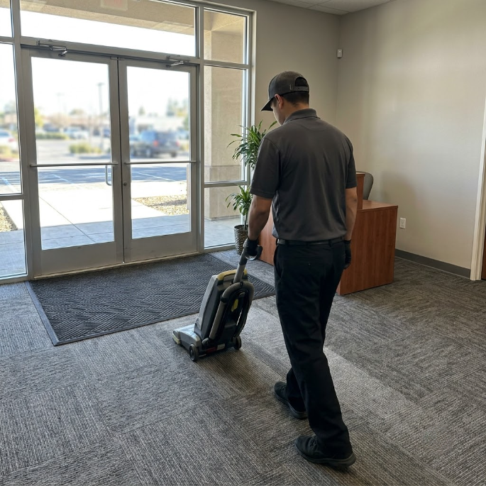 Person vacuuming carpet in a lobby near glass doors.
