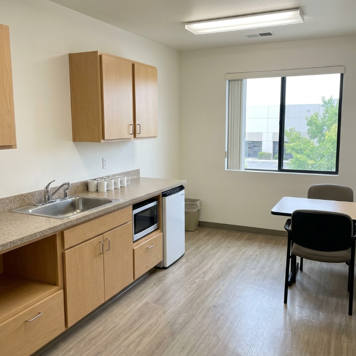 Empty kitchenette with wood cabinets, sink, fridge, table, chairs, and a window in a bright room.