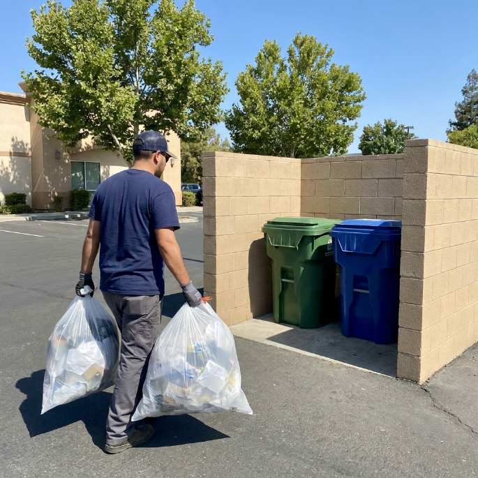 Person carrying two trash bags toward outdoor recycling bins by a brick enclosure.