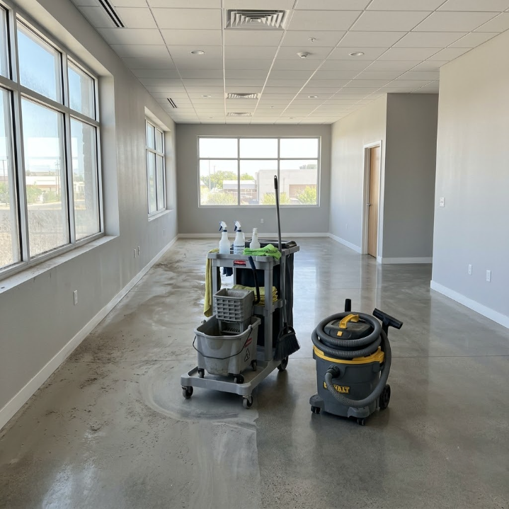 Empty office space with polished concrete floor and cleaning equipment near windows.