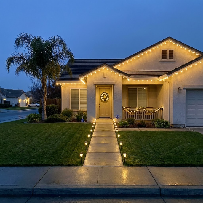 Single-story house at dusk with warm holiday lights, front walkway, and a lit entryway