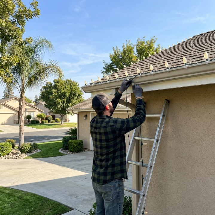 Person cleaning gutters on a house roof beside a ladder in a sunny suburban driveway