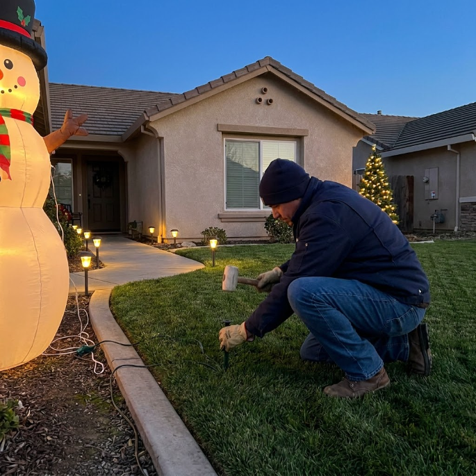 Person kneels on a lawn beside a lit snowman decoration in front of a house at dusk.