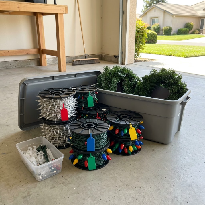Holiday light storage bins and tangled string lights on a garage floor near the open driveway.