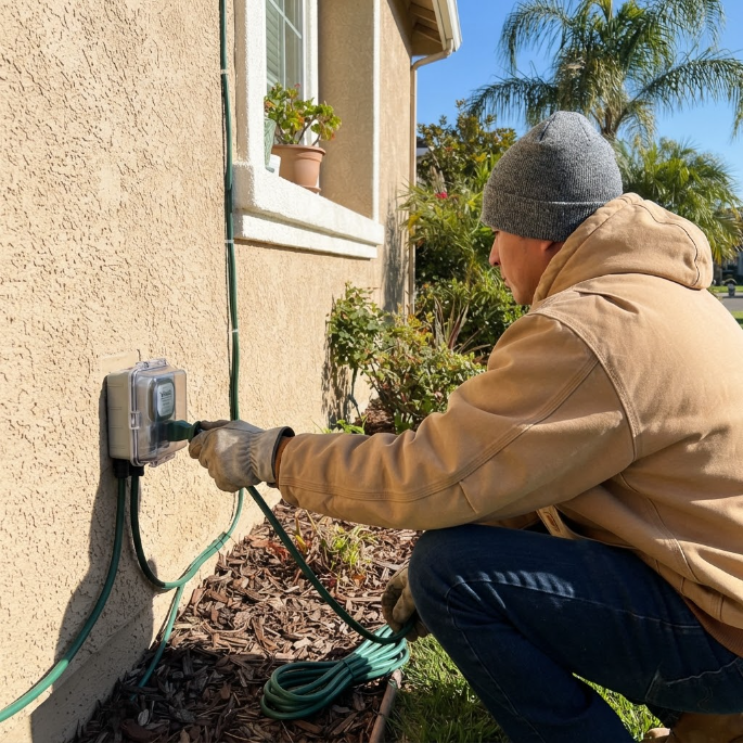 Worker in tan hoodie installs an outdoor electrical outlet on a house wall.