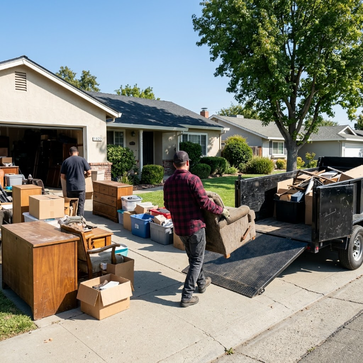 Neighbors moving furniture and boxes from a house onto a driveway and trailer on a sunny day
