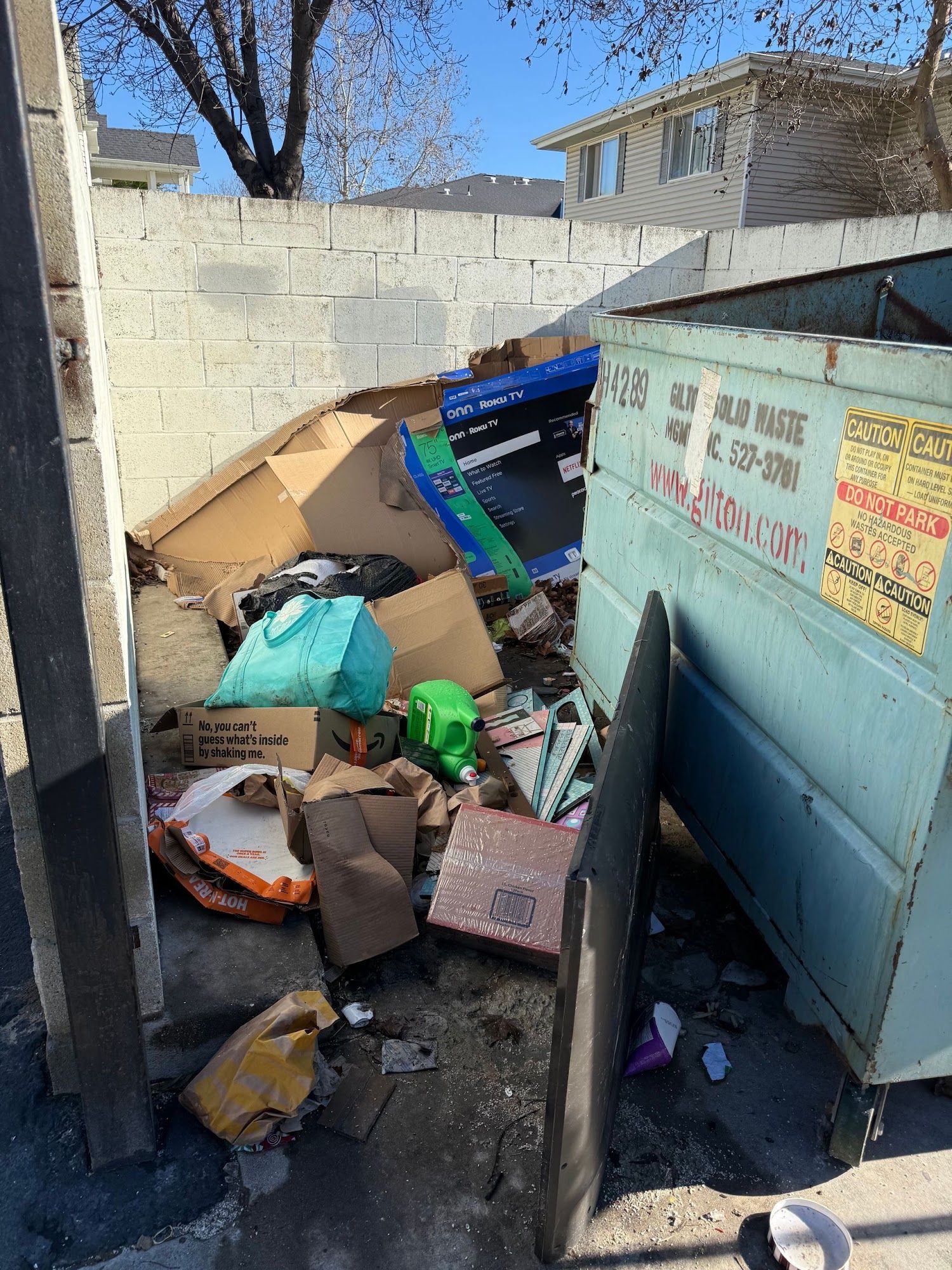 Overflowing trash pile beside a blue dumpster in a narrow alley, with scattered boxes and debris.