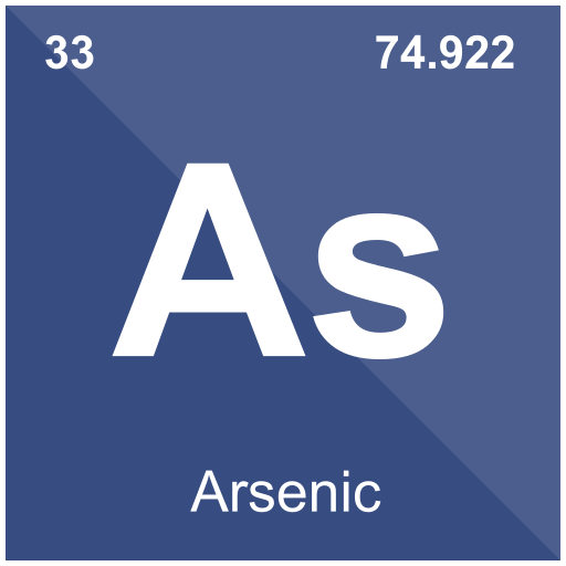 The periodic table symbol for arsenic is shown on a blue background