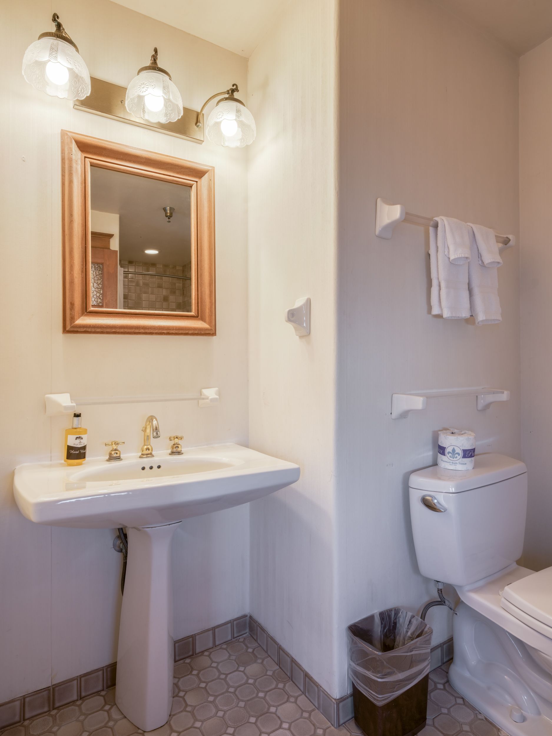 Small bathroom with pedestal sink, mirror, light fixture, toilet, and wall-mounted towels.
