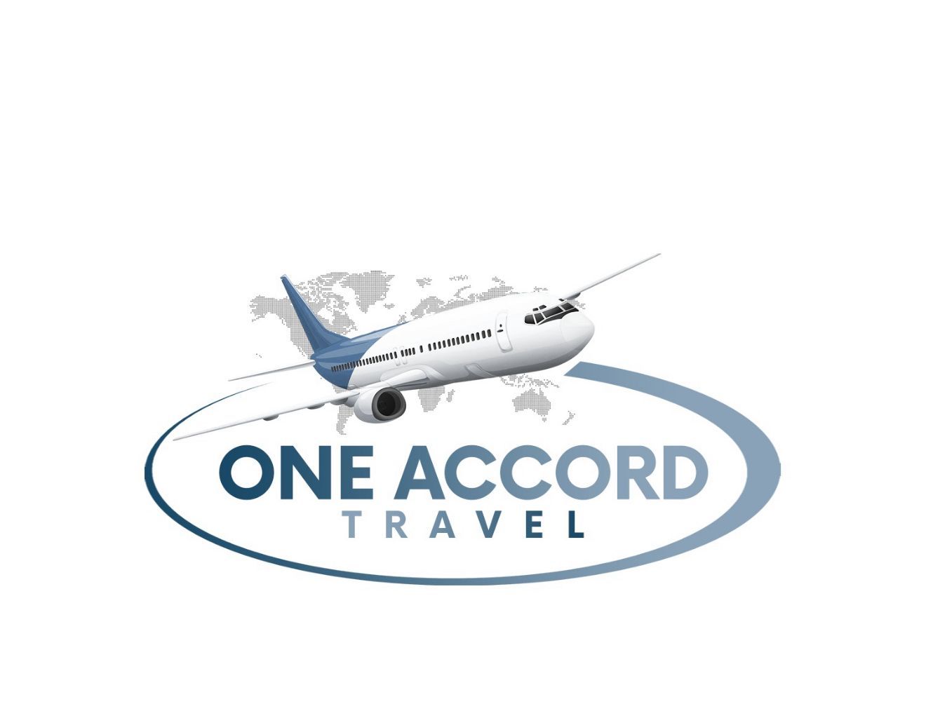 One Accord Travel logo with an airplane over a blue oval and map outline
