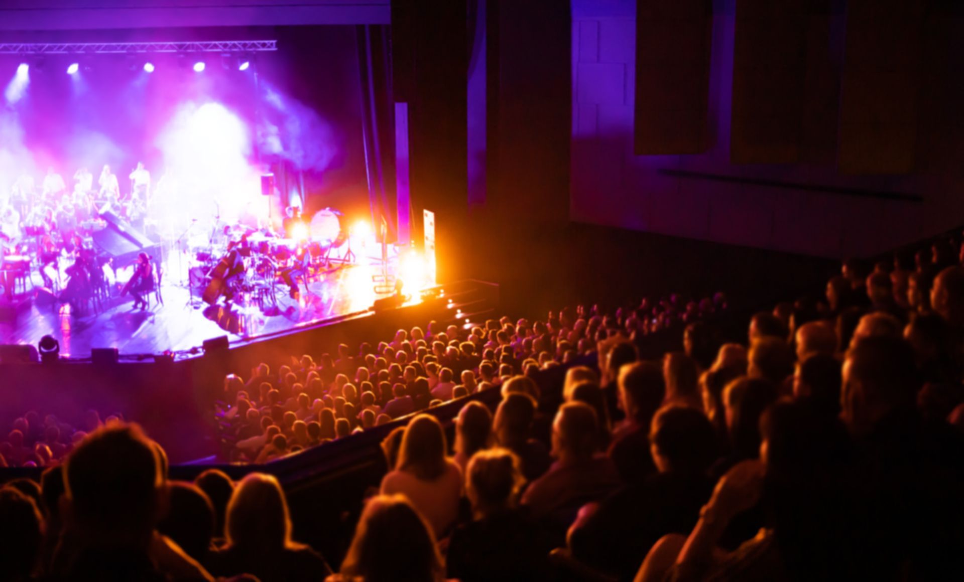 Crowded concert hall with bright purple stage lights and a lively audience seated in the dark