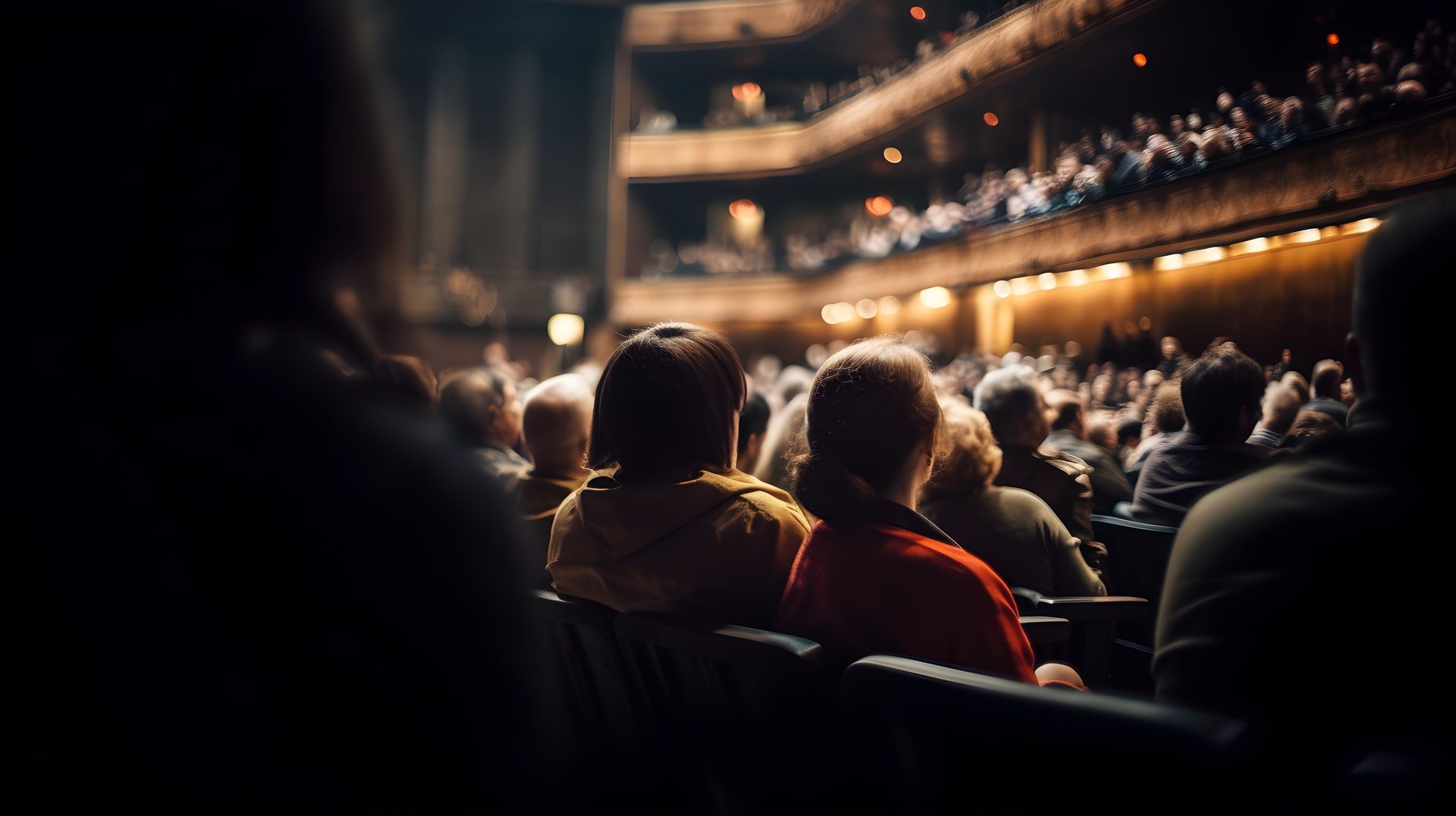 Audience seated in a dimly lit theater, facing a stage with warm lights and balconies above.