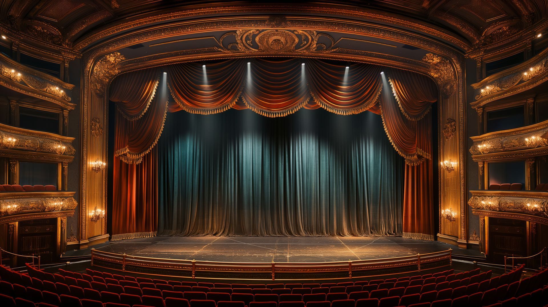 Empty ornate theater stage with red velvet curtains, blue spotlight, and rows of seats
