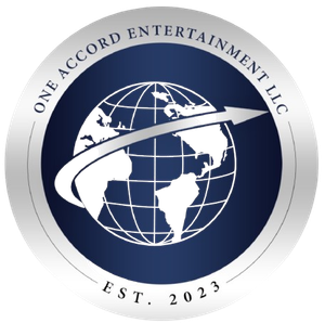 Circular navy-and-silver logo with a globe, sweeping arrow, and text reading “One Accord Entertainment LLC EST. 2023”