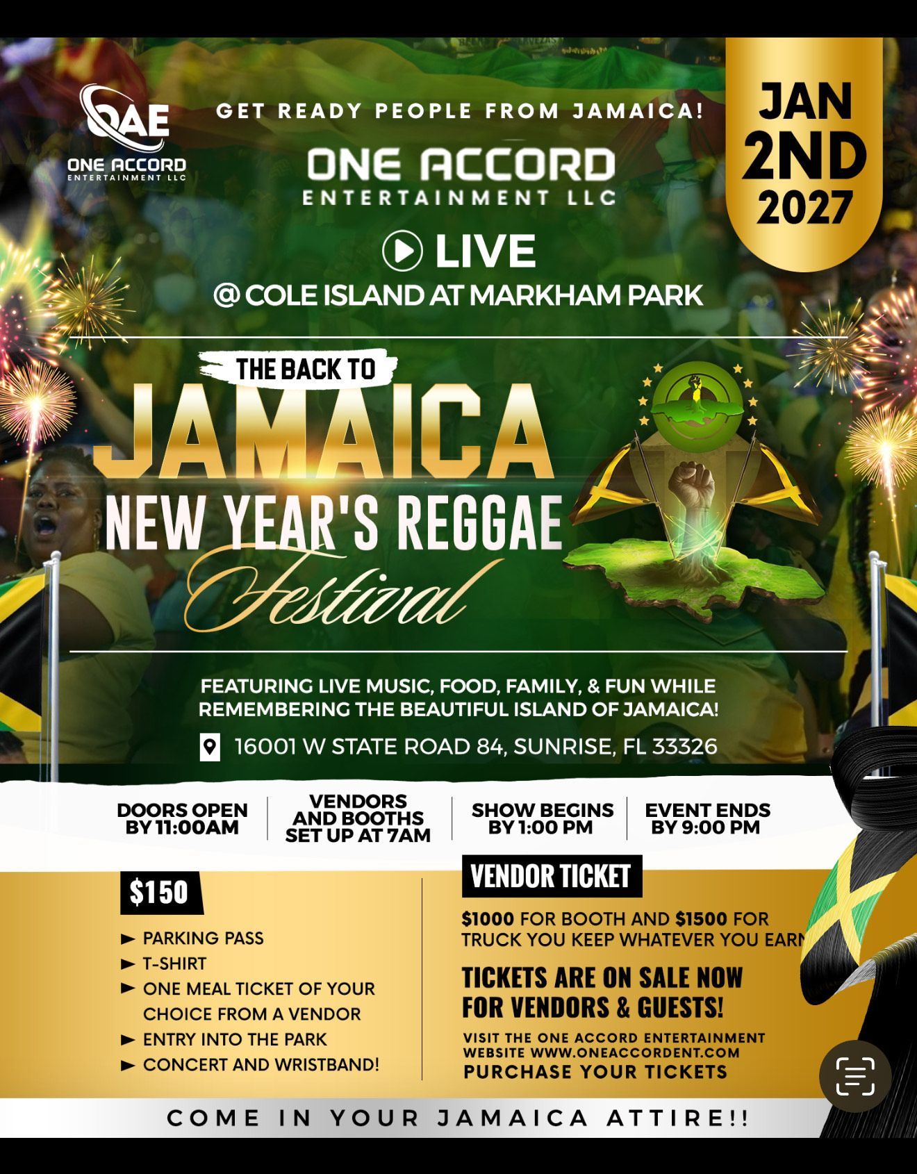 Jamaica New Year’s Reggae Festival poster with live music, fireworks, and Jan 2, 2027 date