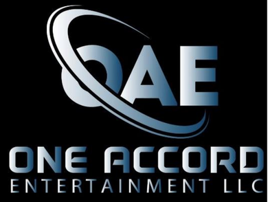Circular navy-and-silver logo with a globe, sweeping arrow, and text reading “One Accord Entertainment LLC EST. 2023”