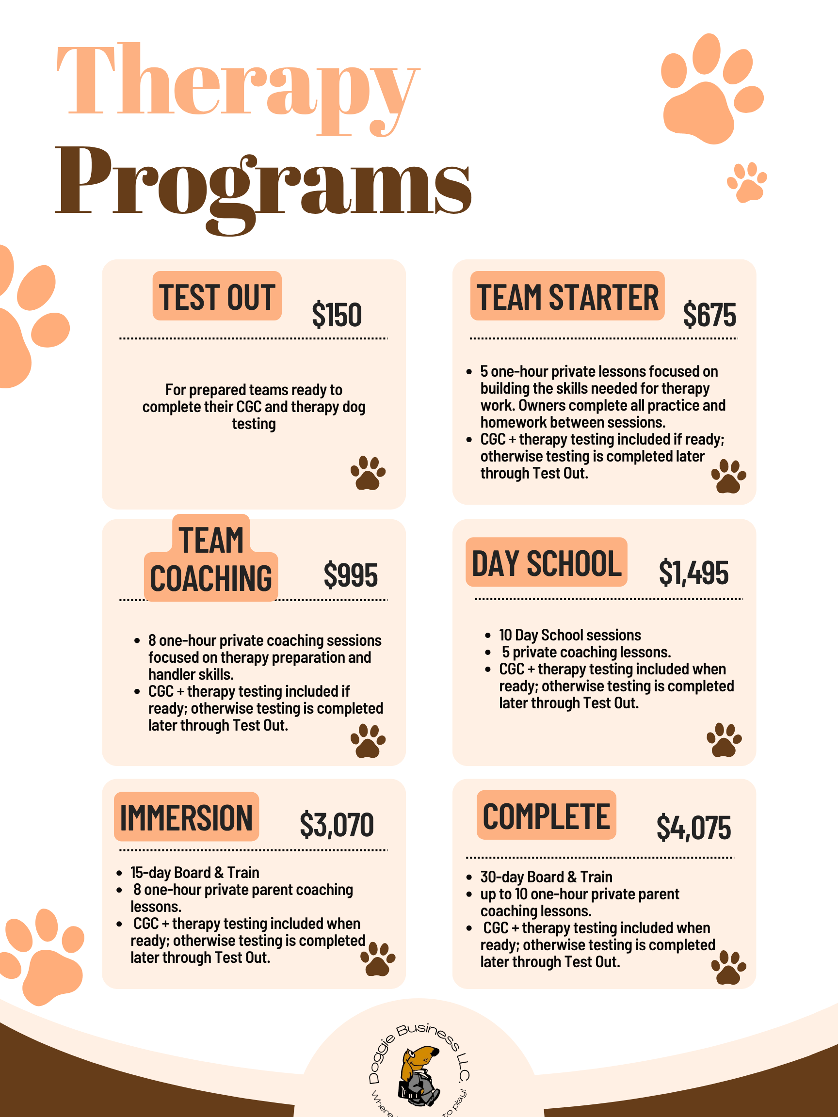 Therapy programs flyer with peach and brown pricing boxes and paw prints on a cream background
