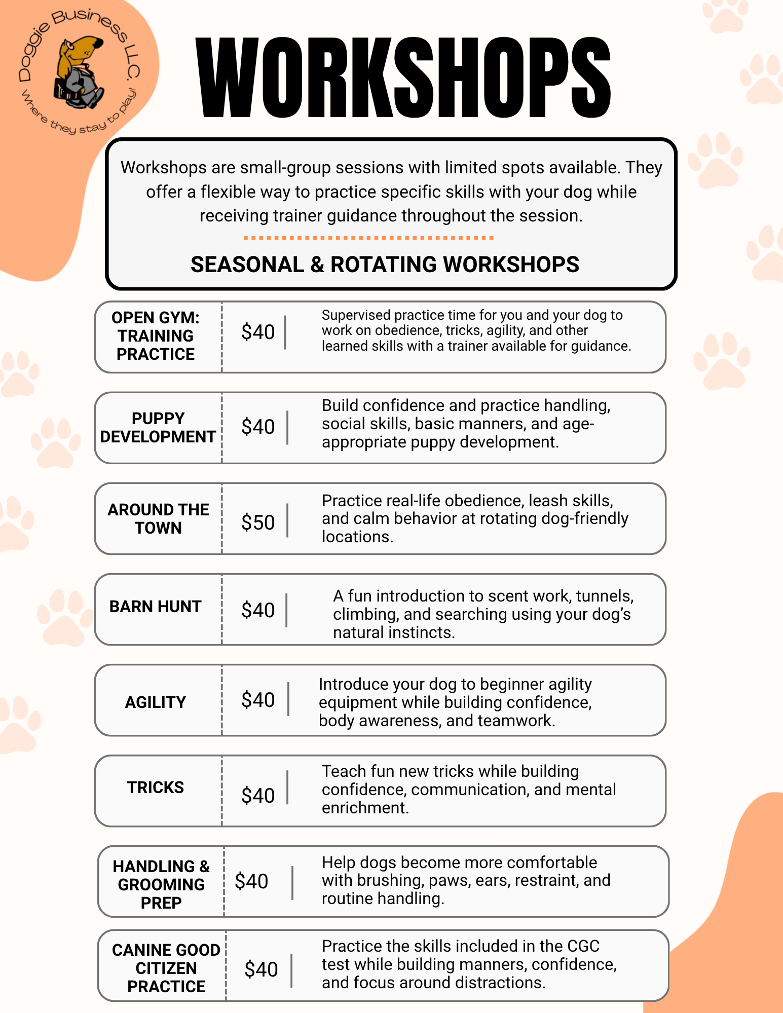 Workshop schedule poster with orange accents and a list of seasonal workshops, each with dates and descriptions