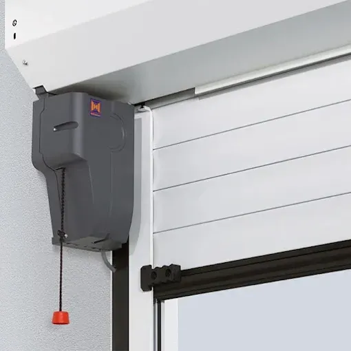 Gray garage door opener mounted by a white sectional garage door, with a red pull cord hanging down