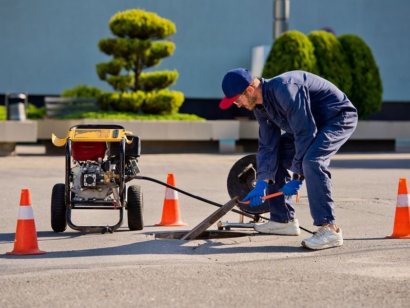 Un homme travaille sur un couvercle de trou d'homme dans un parking.
