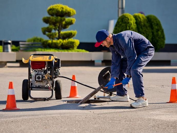 Un homme travaille sur une plaque d'égout dans un parking.