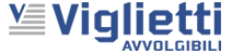 Logo per Viglietti Avvolgibili, caratterizzato da una "V" stilizzata blu con linee orizzontali accanto al nome dell'azienda in testo blu.