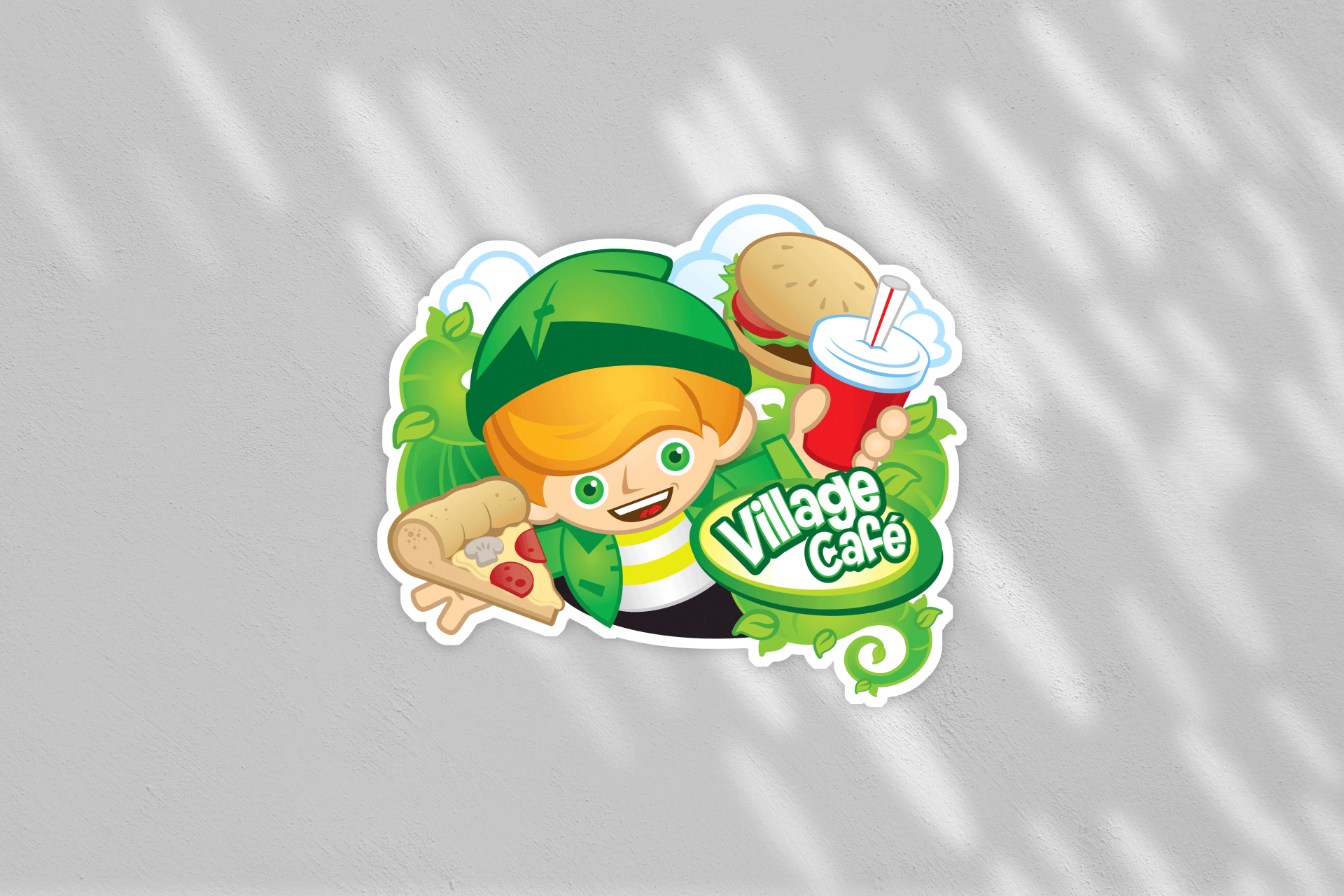 A sticker of a boy holding a hamburger and a drink.