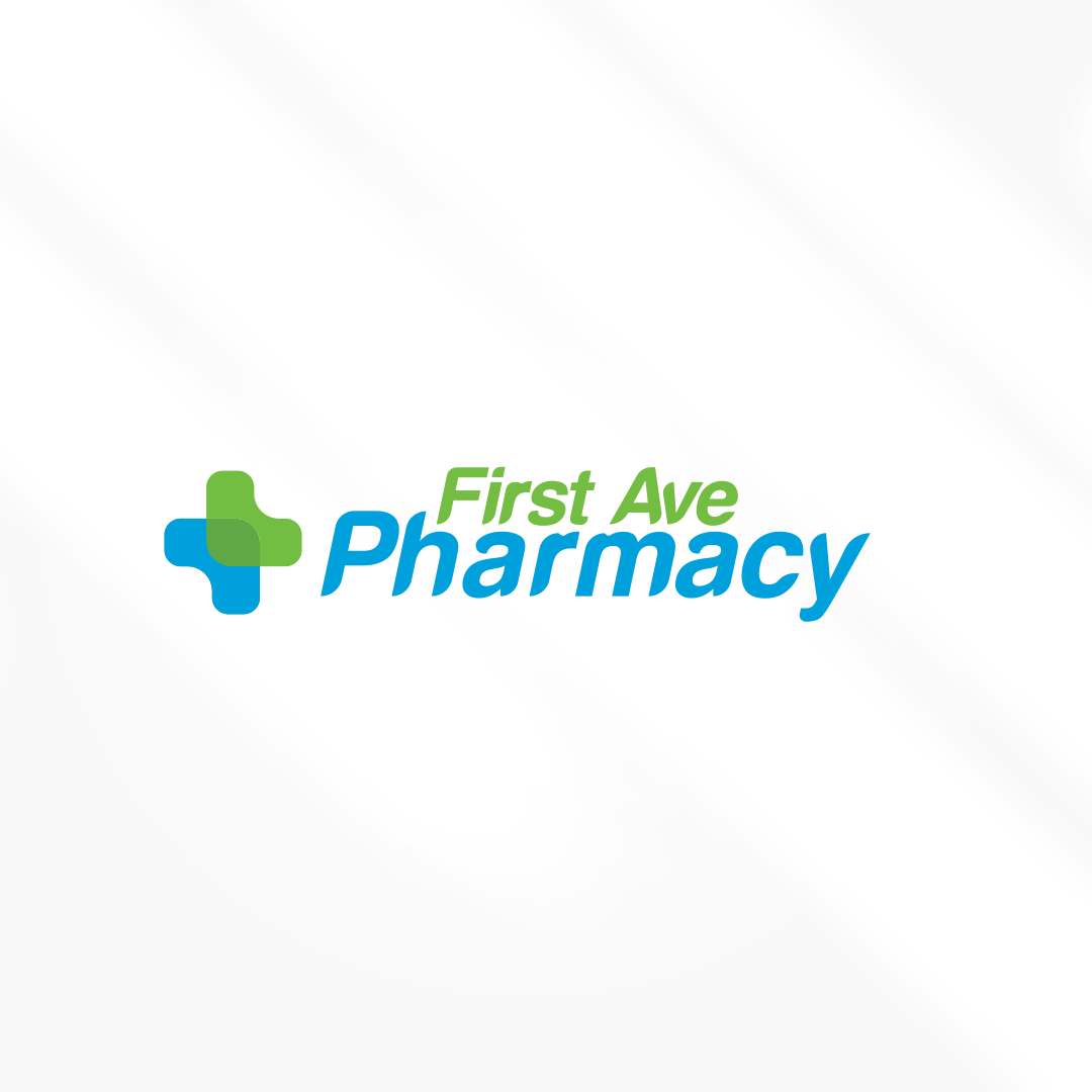 The logo for first ave pharmacy has a green cross on it.