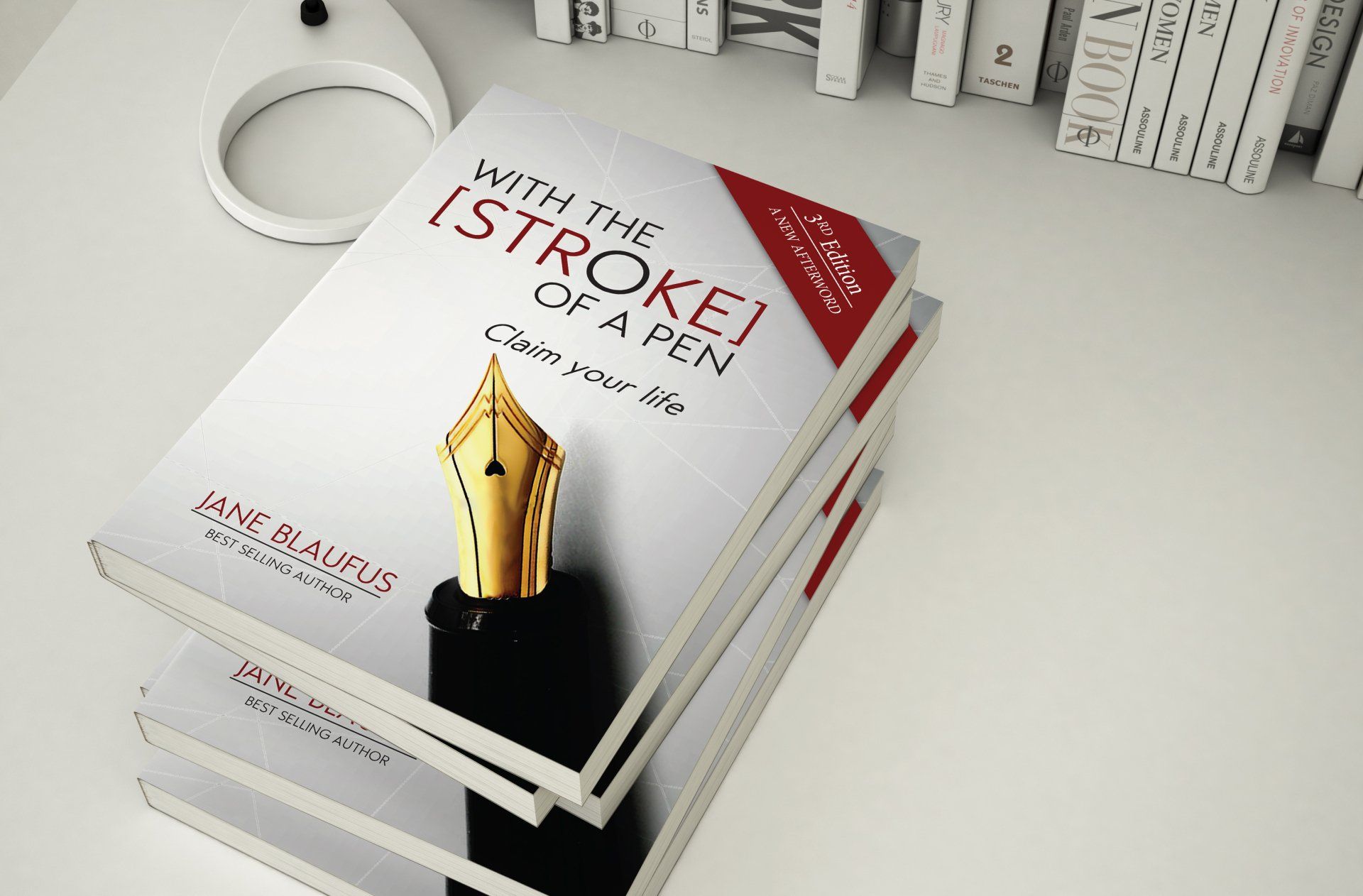 A stack of books titled with the stroke of a pen