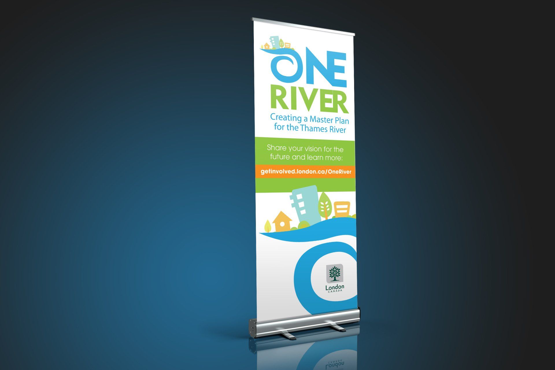 A roll up banner with the words one river on it