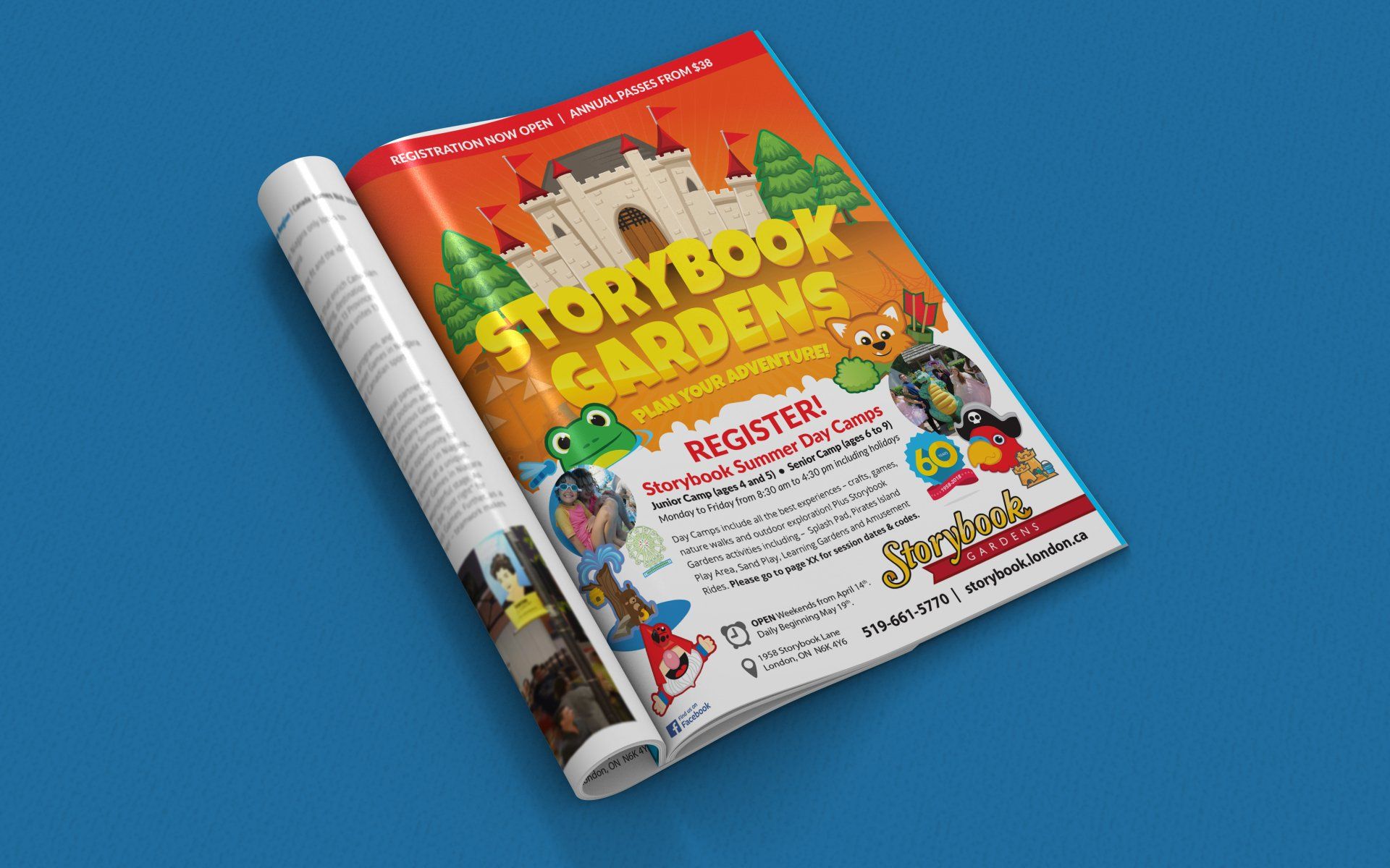 A magazine is open to an advertisement for storybook gardens.