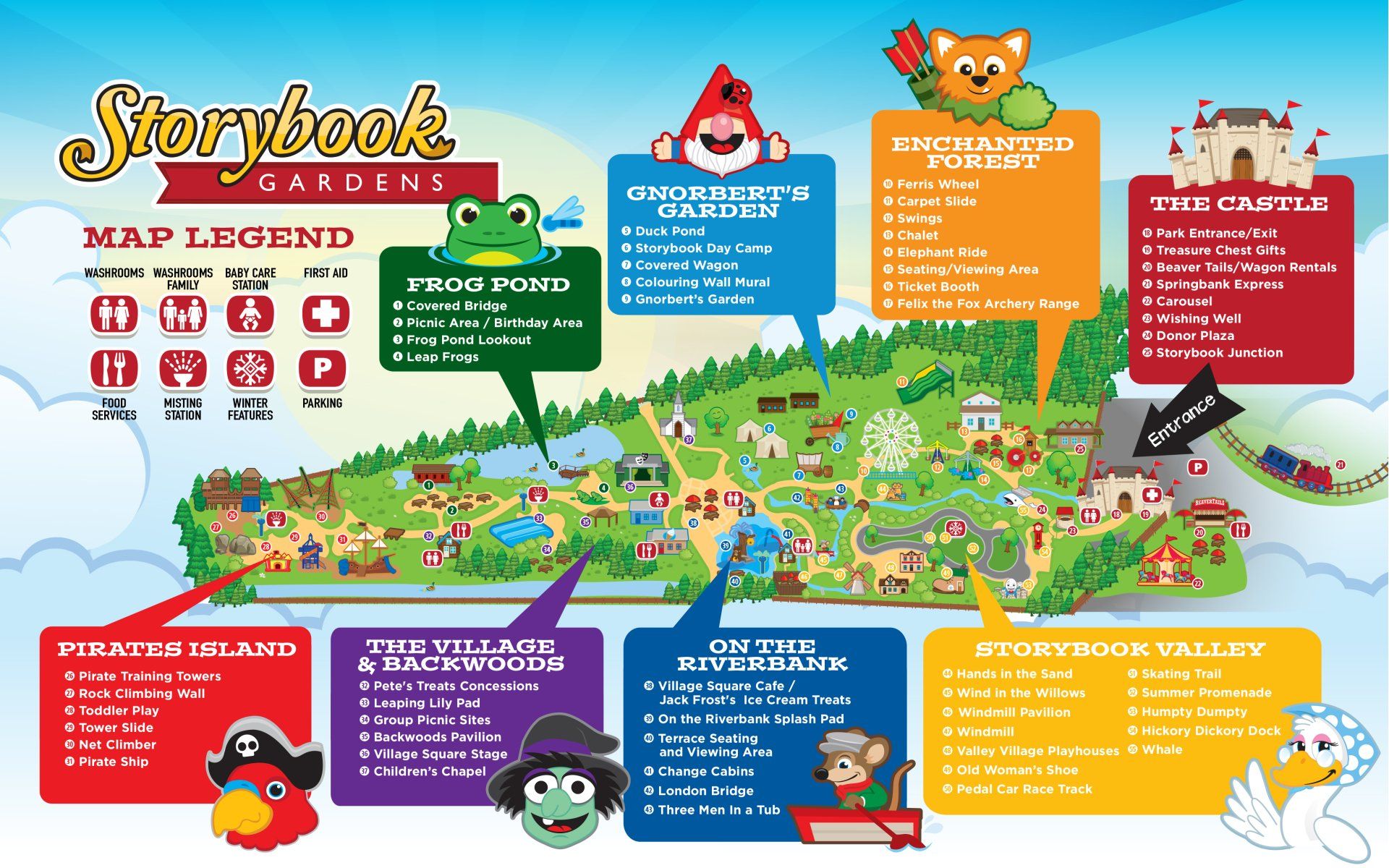 A map of storybook gardens with frogs and a pirate on it